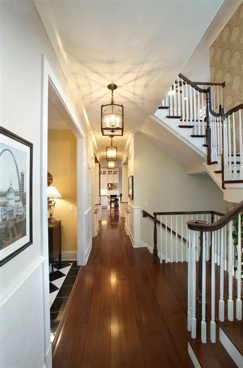 Narrow Hallway Farmhouse Interior Wood Floor Classic Pendant Lamp And Nice Stairs Hallwayideas