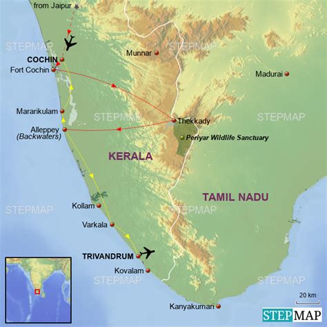 Check out tour my india website to explore kerala tourist map for hassle free holiday tour in kerala. StepMap - Kerala & Golden Triangle - South - Landkarte für India