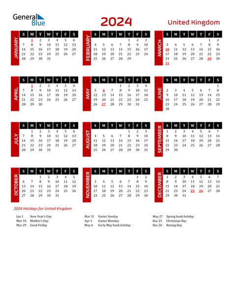 Uk Calendar 2024 With Bank Holidays Yearly Calendar 2024