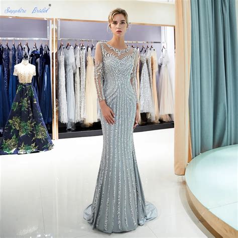 Sapphire Bridal Muslim Long Sleeve Crystal Mermaid Formal Evening Party Prom Dress Turkish