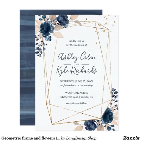 Geometric Frame And Flowers In Navy Gold Blush Invitation Printable