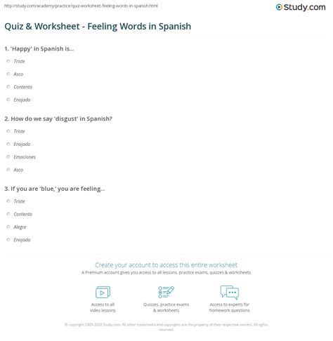 Quiz And Worksheet Feeling Words In Spanish