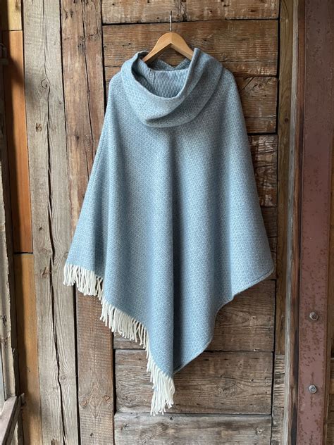 Light Blue Lambswool Poncho Cape With Hood And White Fringes Etsy