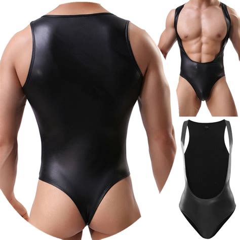 Sexy Men S Bodysuits Pu Leather Leotard Wet Look Singlet Undershirts