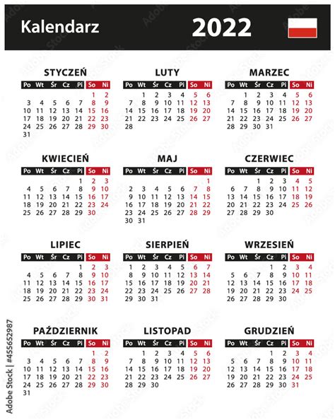 2022 Calendar Vector Stock Illustration Poland Polish Version