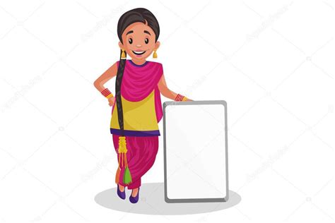 Векторная графическая иллюстрация Панджабская девушка держит в руке пустую доску Индивидуально