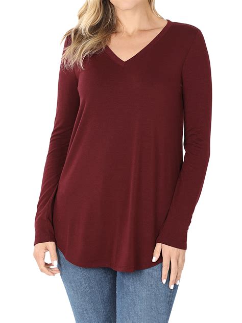 Women And Plus S 3x Relaxed Fit Long Sleeve V Neck Round Hem Jersey Tee Shirt Top Single And Multi