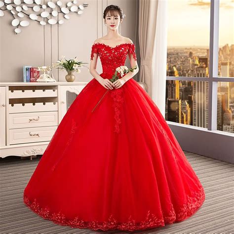 Chic Beautiful Red Wedding Dresses 2019 Ball Gown Off The Shoulder Beading Crystal Sequins
