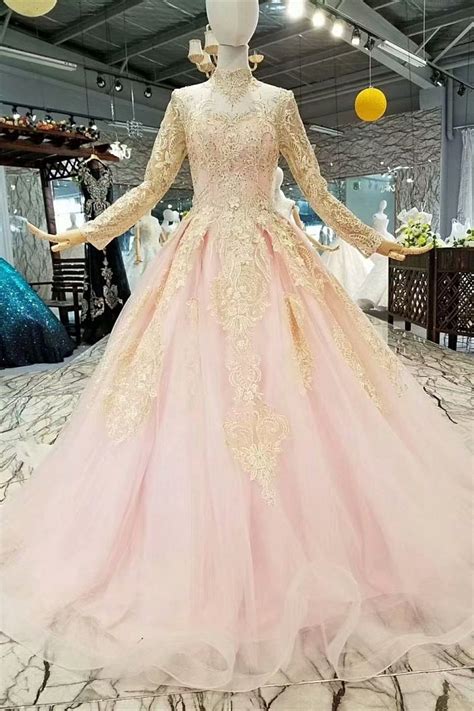 Modest Ball Gown High Neck Long Sleeve Corset Beaded Gold Lace Pink