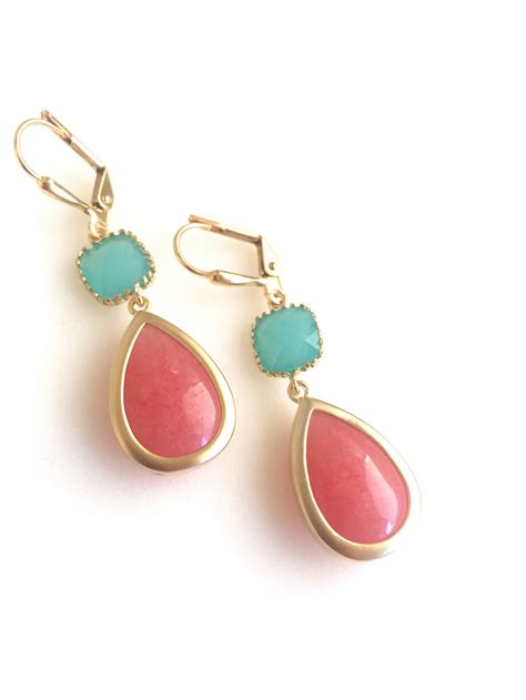 Wedding Jewerly Coral And Turquoise Bridesmaids Earrings Etsy