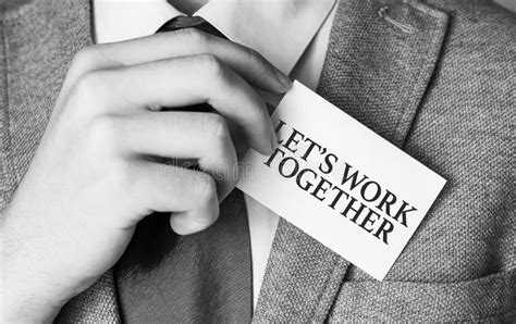 Let Work Together On Business Card And Businessman In Suit Stock Photo