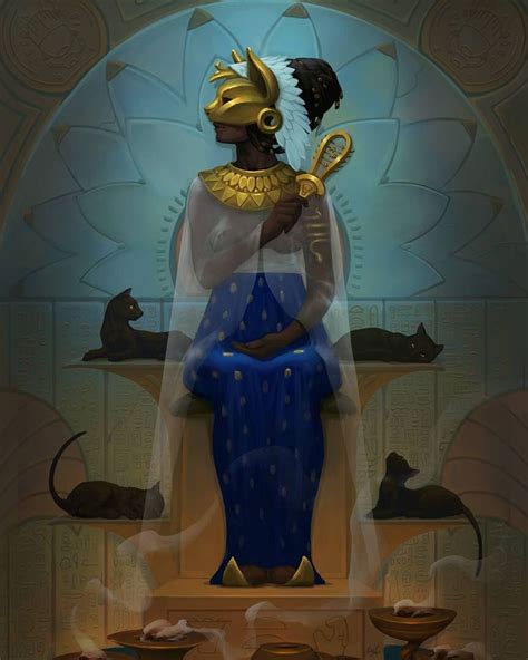 An Egyptian Woman Sitting On A Throne With Cats In The Background