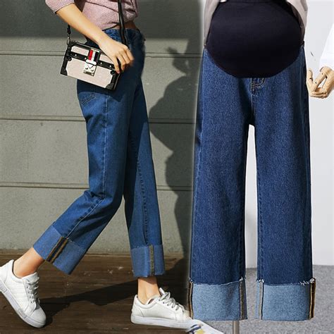Spring Autumn Wide Leg Women Maternity Jeans Pants For Pregnant Nursing