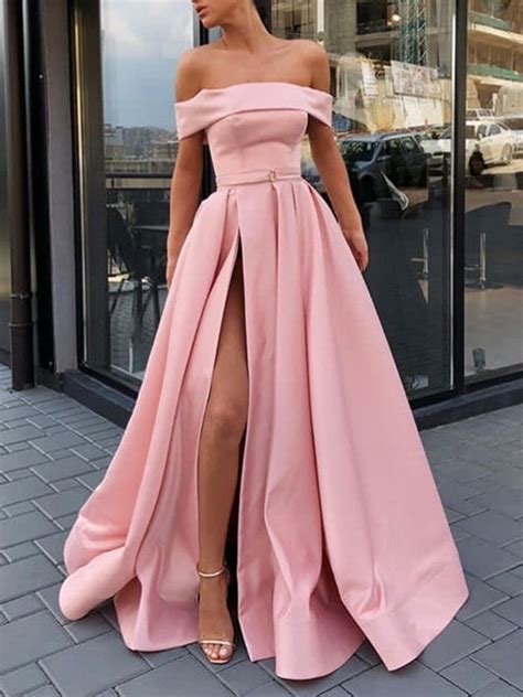 Pink Off Shoulder Satin Long Prom Dresses With High Slit Pink Formal