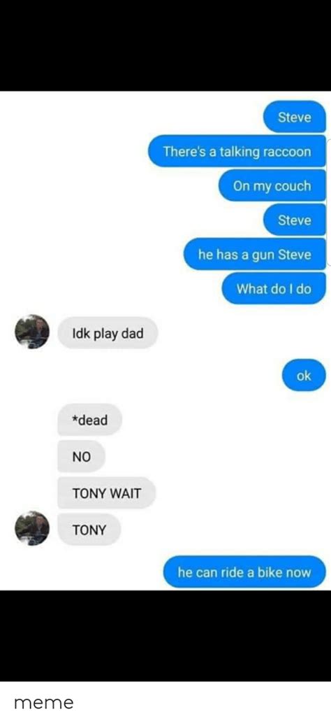Steve There S A Talking Raccoon On My Couch Steve He Has A Gun Steve What Do I Do Idk Play Dad