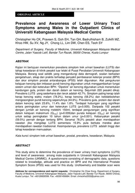 Pusat perubatan universiti kebangsaan malaysia (ppukm). (PDF) Prevalence And Awareness Of Lower Urinary Tract ...