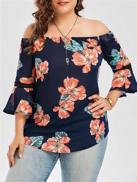 Off Plus Size Chiffon Off The Shoulder Floral Hawaiian Blouse