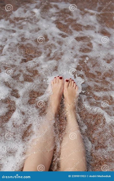 Travel Concept Woman X S Legs On Beautiful Tropical Beach With Pebble Sand Feet On Sand