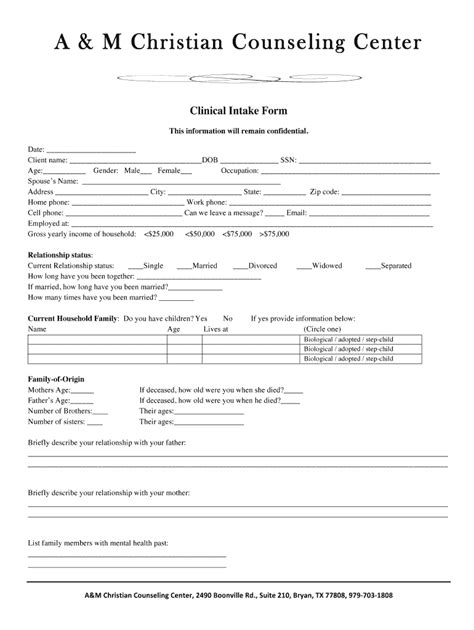 Counseling Client Printable Counselling Intake Form Template