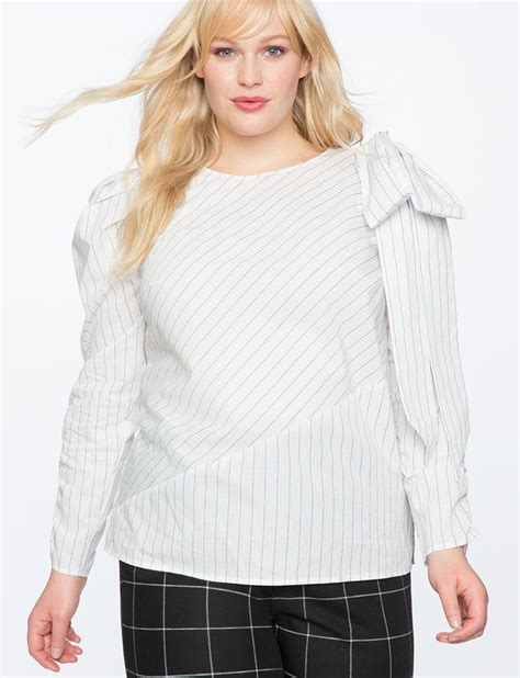 Pinstripe Puff Sleeve Bow Top Womens Plus Size Tops Eloquii Bow