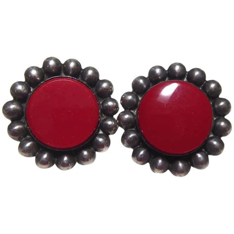 Big Older Vintage Mexican Sterling Silver Earrings With Red Centers