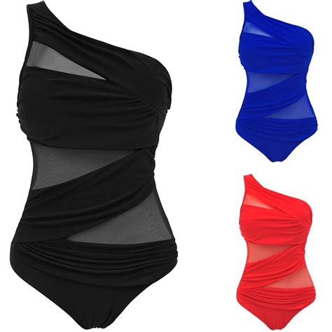 2016 Plus Size Women Lace Swimwear One Piece Swimsuit Mesh One Shoulder