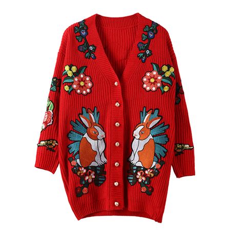 2018 Red Black New Women Embroidery Jacket Woman Rabbit Flower Sweater