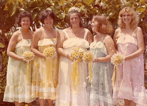 ugly bridesmaid dresses from different times taken on camera