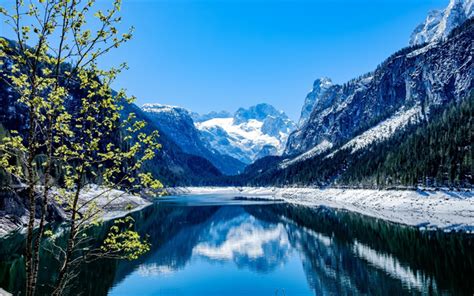 Download Wallpapers Mountain Lake Spring Mountains Snow Capped Peaks