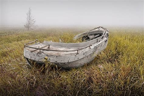 Abandoned Wood Boat Row Boat Ship Wreck Field Of Grass Foggy Morning Michigan Photography