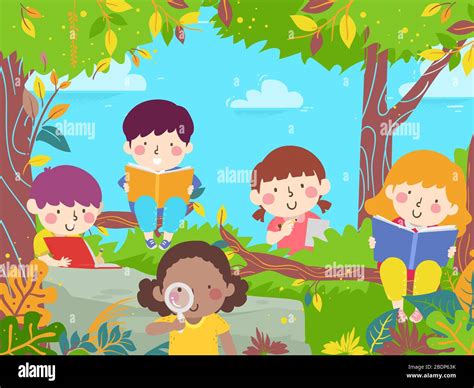 Illustration Of Kids Reading A Book And Exploring Nature Outdoors Stock