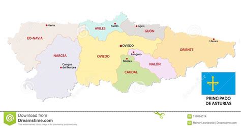 Mapa Administrativo Y Político De Asturias Del Vector Con La Bandera