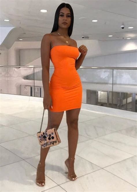 Orange Tight Bodycon Outfit Inspiration For Cocktail Party For Black Girl Baddie Club Outfits