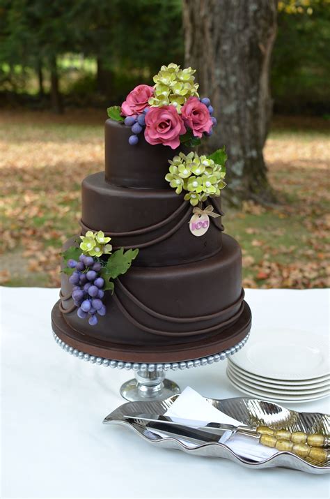 Chocolate Fondant Covered Cake With Gumpaste Flowers And Grapes