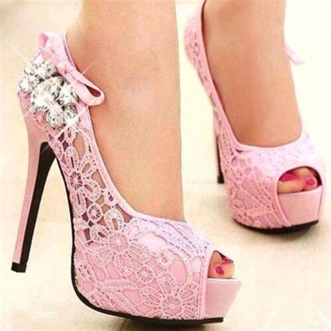 Shoes Heels Pumps Pink Shiny Heels Pink Lace Heels Girly Cute