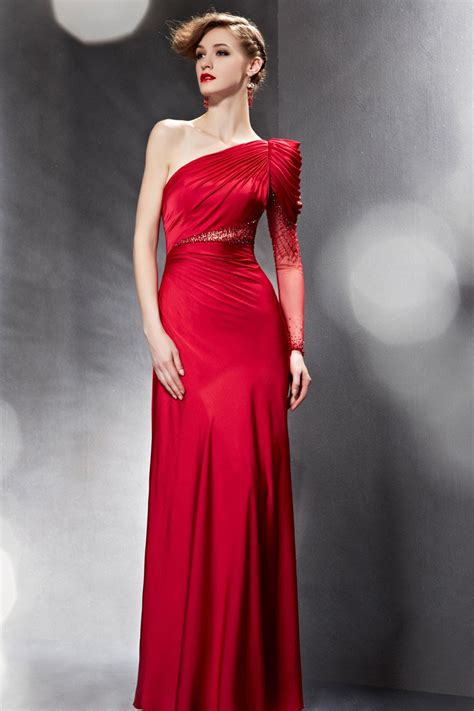 Elegant Ruched Beading One Shoulder Long Sleeve Red Long Prom Dress XHC DressesMallAU Co