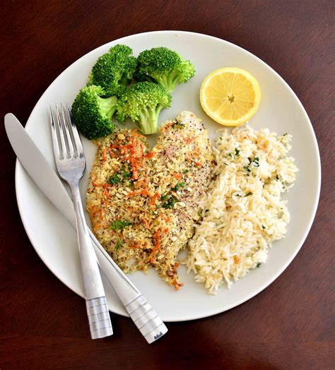 Baked Parmesan Crusted Tilapia With Rice Pilaf And Broccoli Pepper