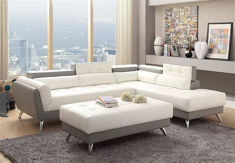 Modern White And Light Grey Bonded Leather Sectional Sofa Set With