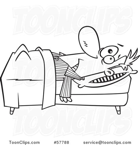 Cartoon Outline Of Insomniac Man Laying In Bed 57788 By Ron Leishman