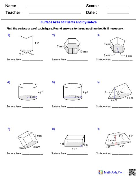 Prisms And Cylinders Surface Area Worksheets Volume Worksheets
