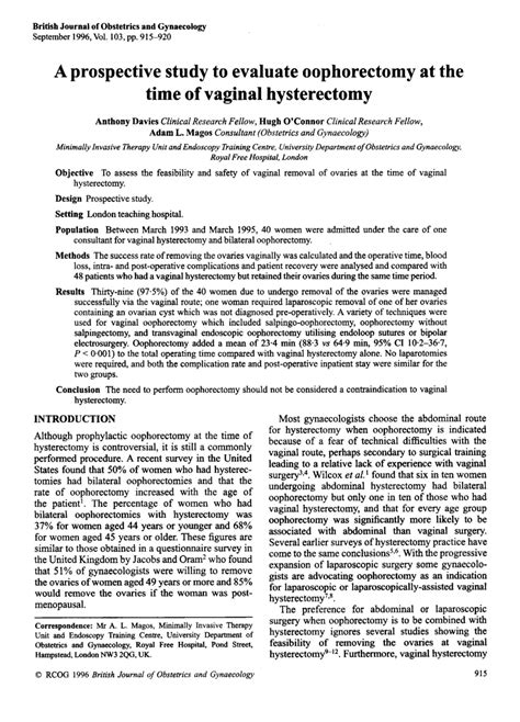 Pdf A Prospective Study To Evaluate Oophorectomy At The Time Of