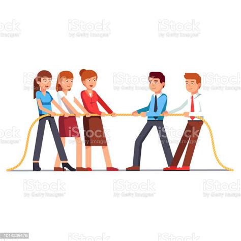 Business Women And Men Teams In A Tug Of War Flat Vector Clipart Illustration Stock Illustration