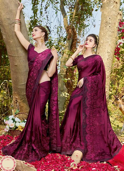 Wine Ceremonial Satin Classic Designer Saree Saree Designs Saree Designs Party Wear Elegant