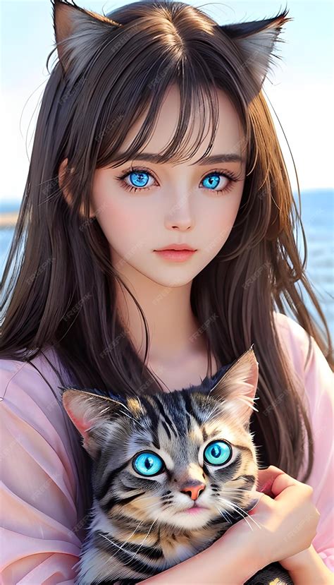 Premium Ai Image Beautiful Girls Love Cat With Beautiful Background