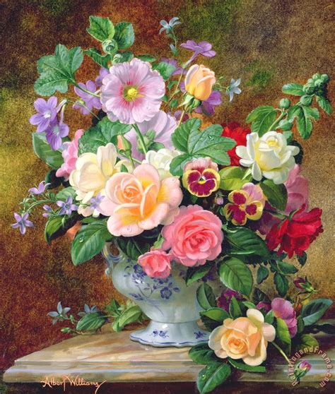 Albert Williams Roses Pansies And Other Flowers In A Vase Painting