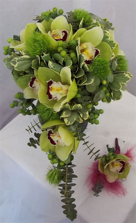 Gorgeous Shower Bouquet Including Green Cymbidium Orchid Green Trick Hypericum And Eucalyptus