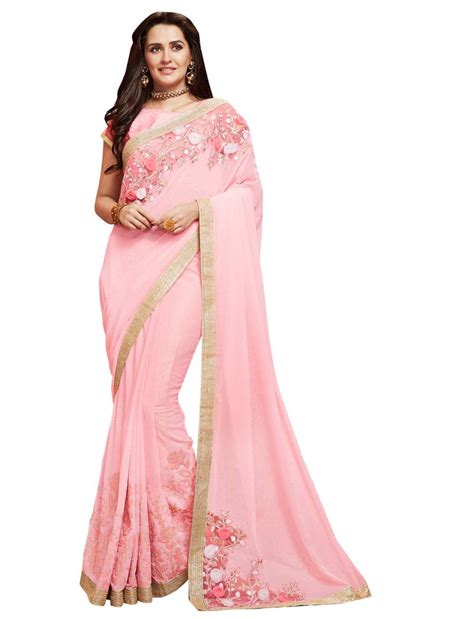 light pink embroidered georgette saree with blouse takshaya 2436078
