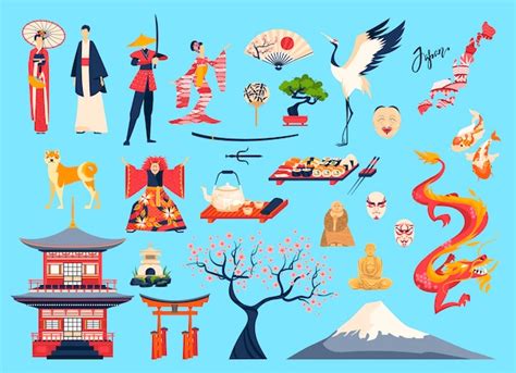conjunto de ilustración de japón y los japoneses personaje de dibujos animados en traje