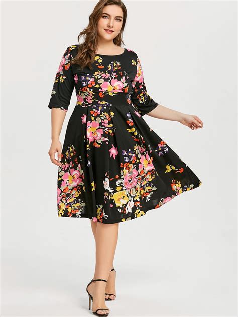 2018 New Fashion Summer Floral Plus Size Retro Flare Dress Women Female