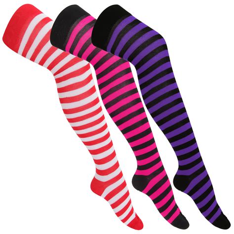 womens ladies striped knee high socks pack of 3 ebay